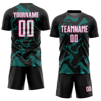 Custom Black White Aqua-Pink Curve Lines Sports Sublimation Soccer Uniform Jersey
