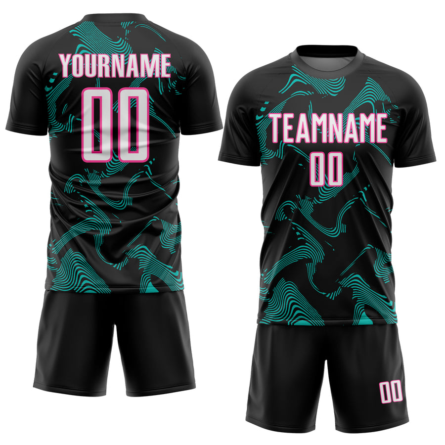 Custom Black White Aqua-Pink Curve Lines Sports Sublimation Soccer Uniform Jersey