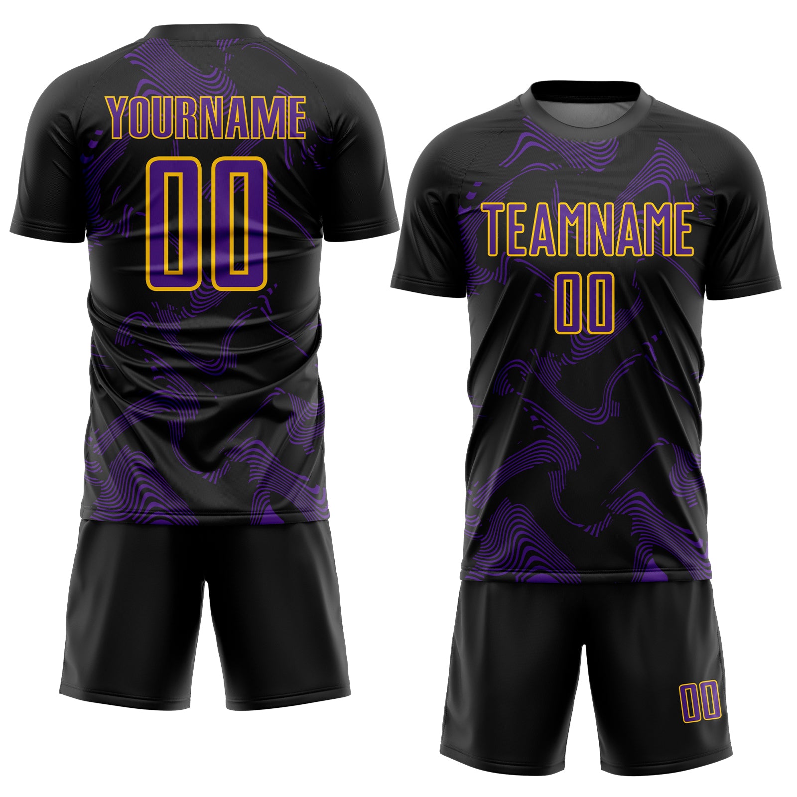 Custom Black Purple-Yellow Curve Lines Sports Sublimation Soccer Uniform Jersey