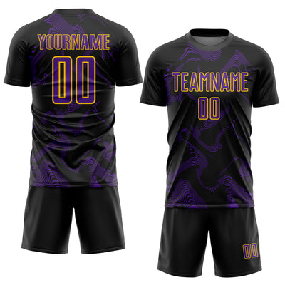 Custom Black Purple-Yellow Curve Lines Sports Sublimation Soccer Uniform Jersey