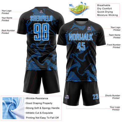 Custom Black Powder Blue-White Curve Lines Sports Sublimation Soccer Uniform Jersey