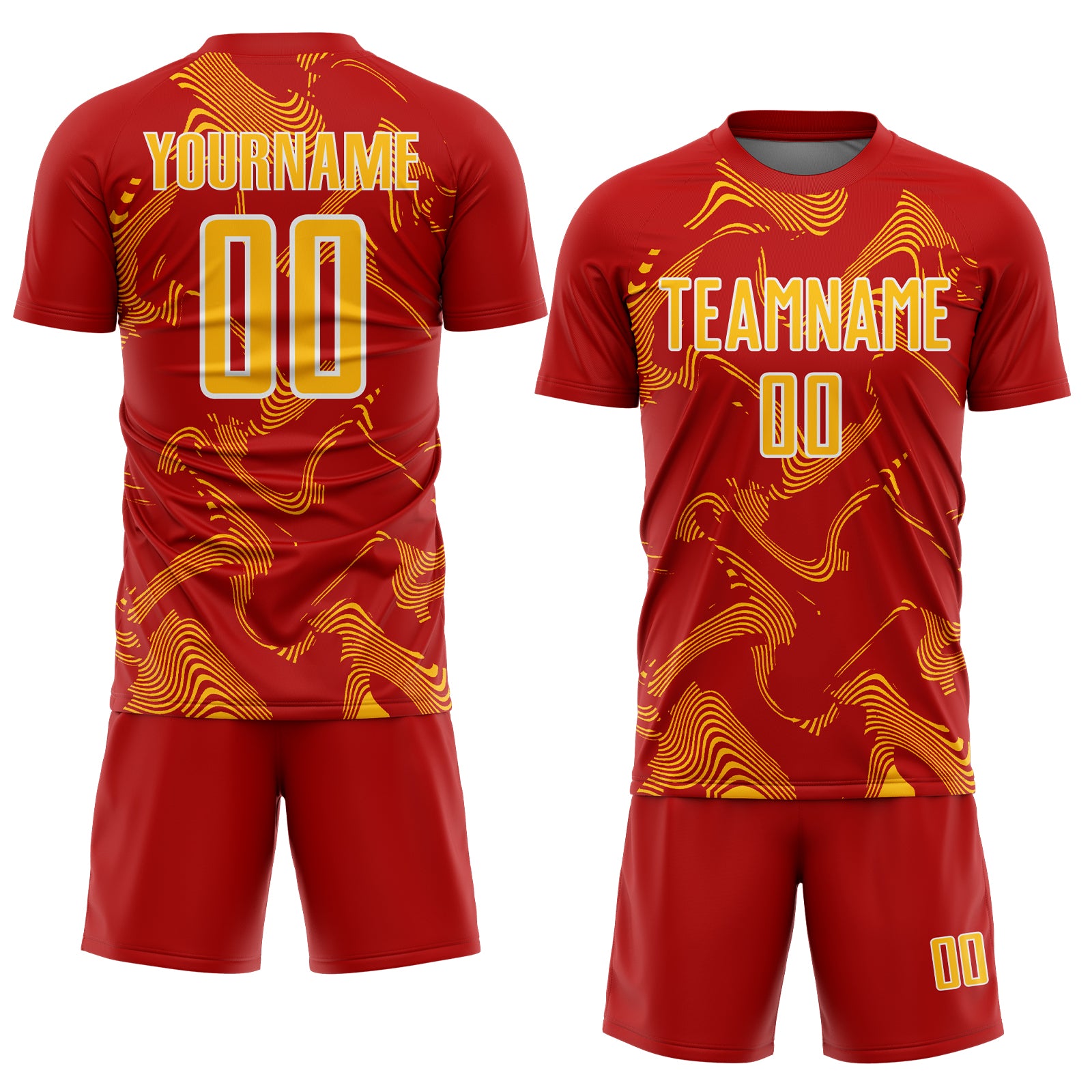 Custom Red Gold-White Curve Lines Sports Sublimation Soccer Uniform Jersey