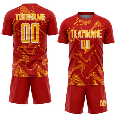 Custom Red Gold-White Curve Lines Sports Sublimation Soccer Uniform Jersey