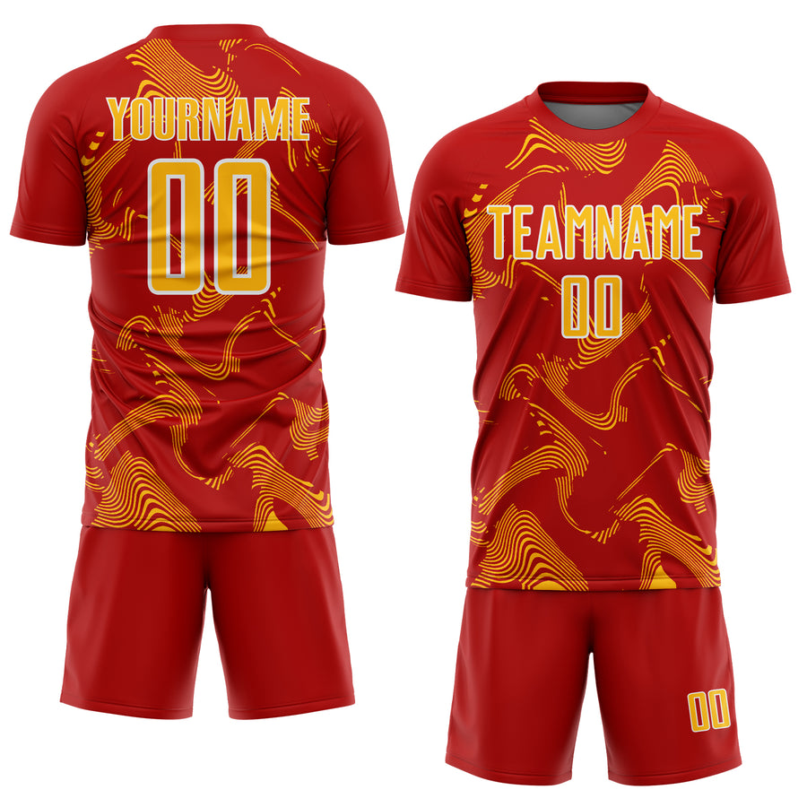 Custom Red Gold-White Curve Lines Sports Sublimation Soccer Uniform Jersey