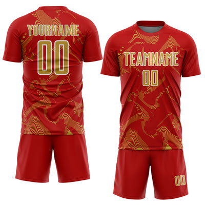 Custom Red Old Gold-White Curve Lines Sports Sublimation Soccer Uniform Jersey