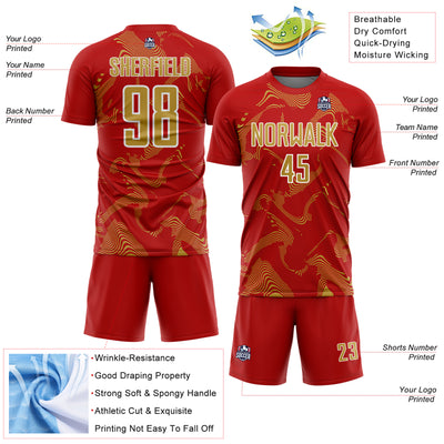 Custom Red Old Gold-White Curve Lines Sports Sublimation Soccer Uniform Jersey