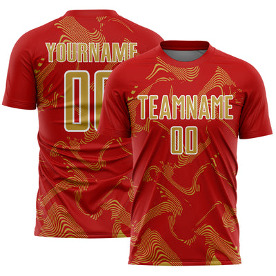 Custom Red Old Gold-White Curve Lines Sports Sublimation Soccer Uniform Jersey