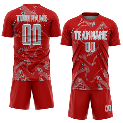 Custom Red Gray-White Curve Lines Sports Sublimation Soccer Uniform Jersey