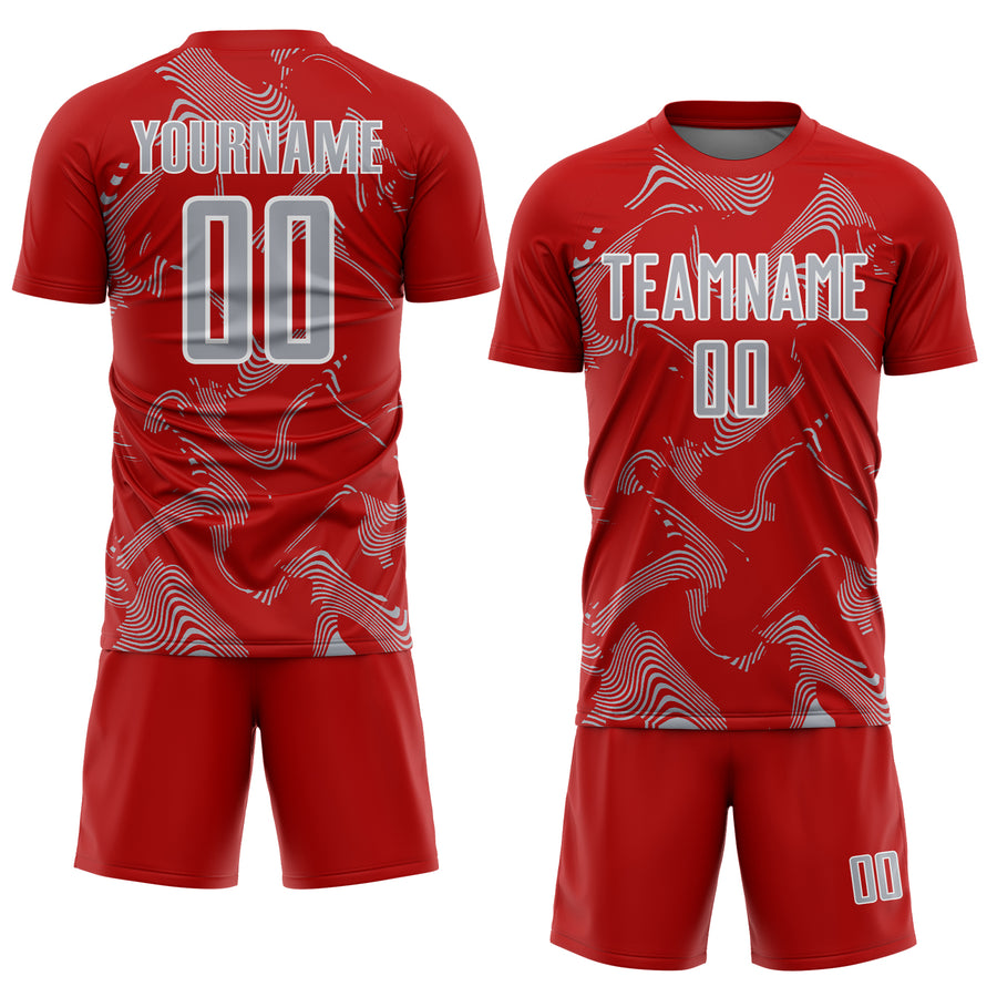 Custom Red Gray-White Curve Lines Sports Sublimation Soccer Uniform Jersey