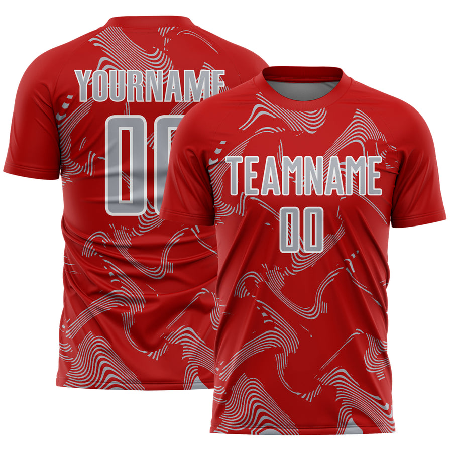 Custom Red Gray-White Curve Lines Sports Sublimation Soccer Uniform Jersey