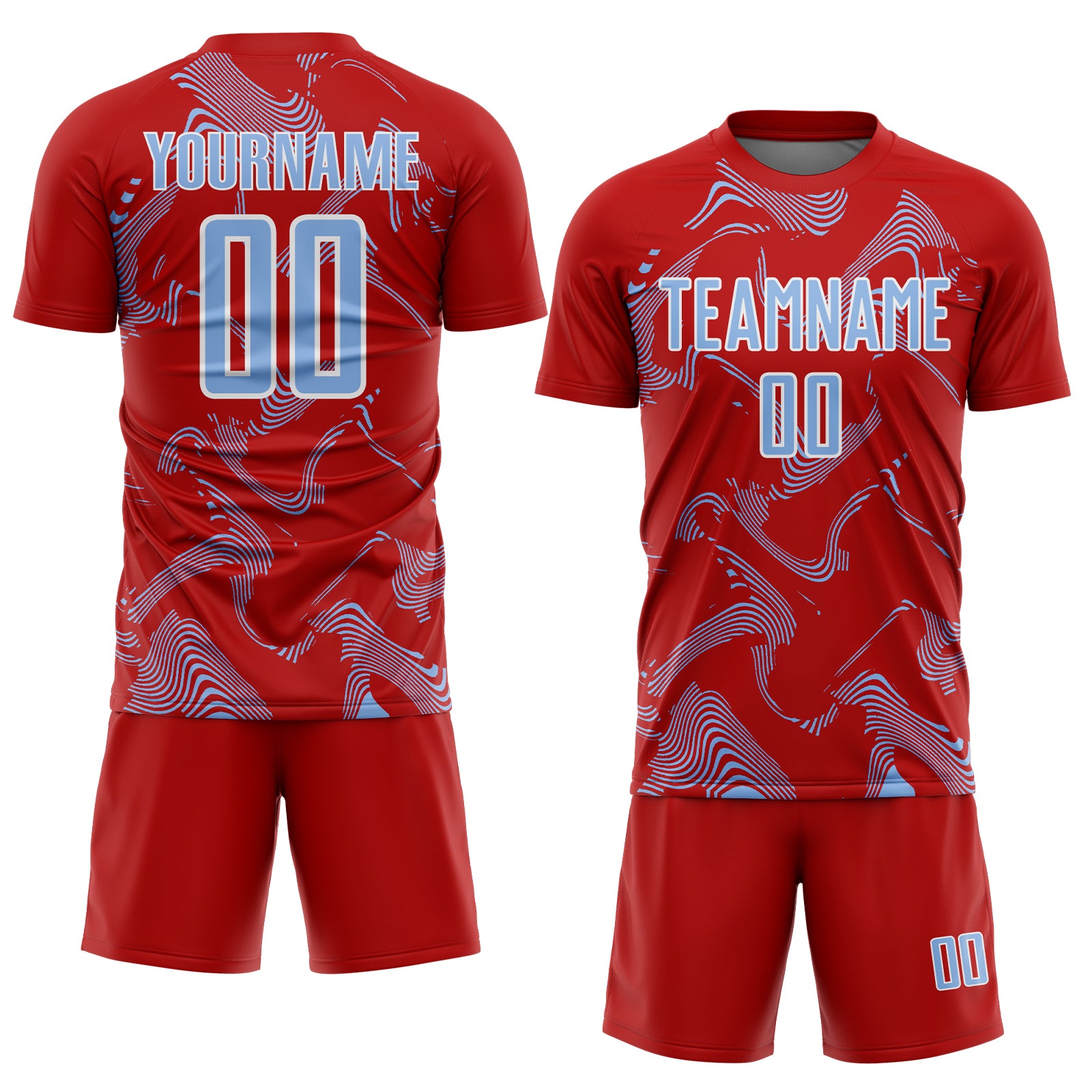 Custom Red Light Blue-White Curve Lines Sports Sublimation Soccer Uniform Jersey