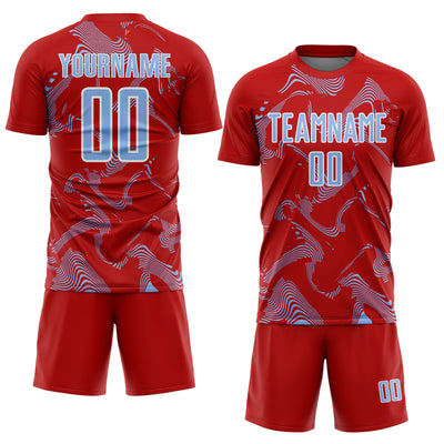 Custom Red Light Blue-White Curve Lines Sports Sublimation Soccer Uniform Jersey