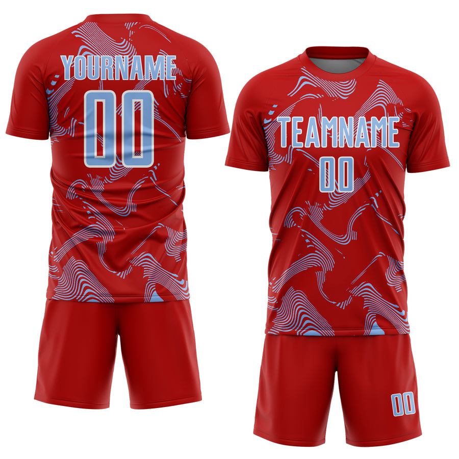 Custom Red Light Blue-White Curve Lines Sports Sublimation Soccer Uniform Jersey