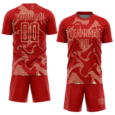 Custom Red Cream Curve Lines Sports Sublimation Soccer Uniform Jersey