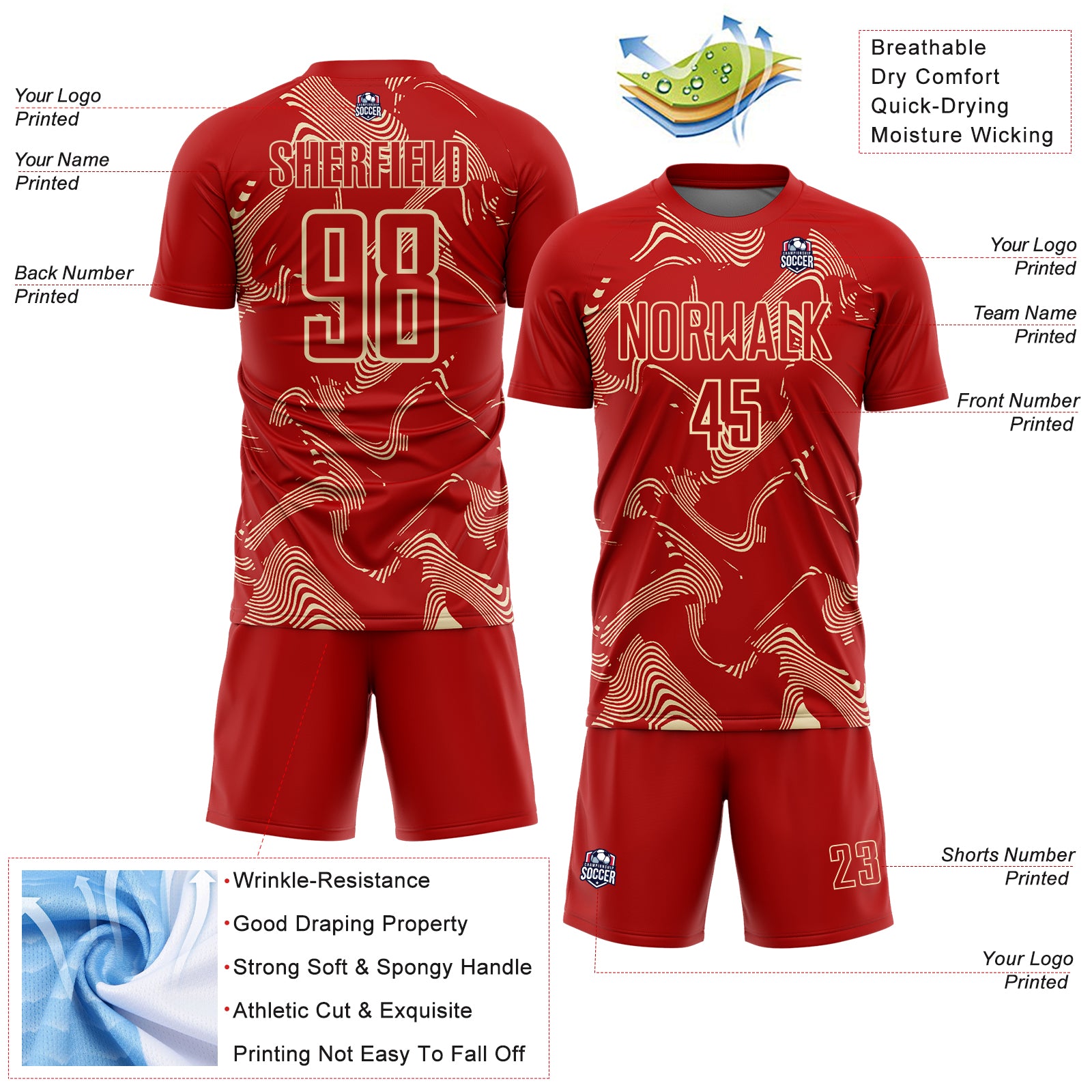 Custom Red Cream Curve Lines Sports Sublimation Soccer Uniform Jersey