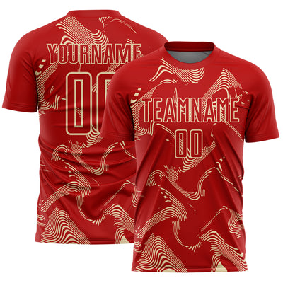 Custom Red Cream Curve Lines Sports Sublimation Soccer Uniform Jersey
