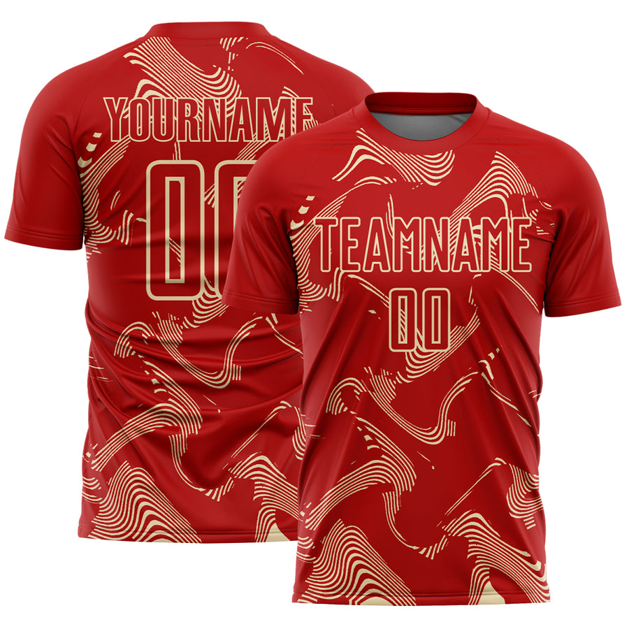 Custom Red Cream Curve Lines Sports Sublimation Soccer Uniform Jersey