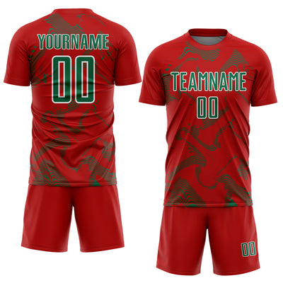 Custom Red Kelly Green-White Curve Lines Sports Sublimation Soccer Uniform Jersey