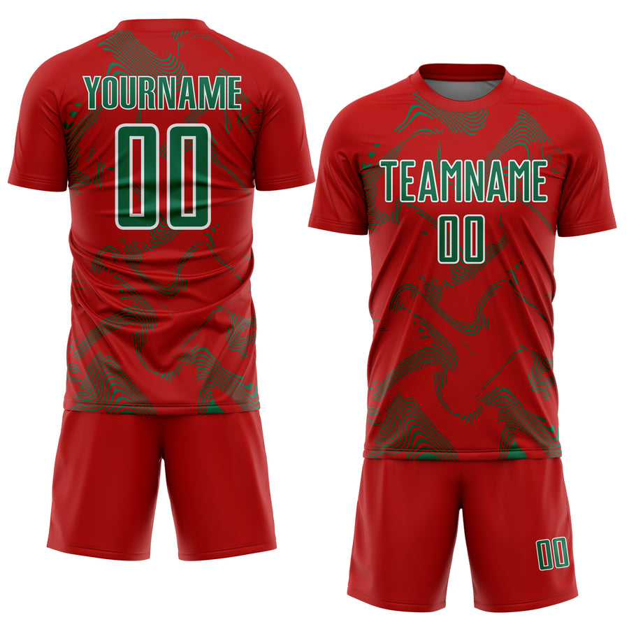 Custom Red Kelly Green-White Curve Lines Sports Sublimation Soccer Uniform Jersey