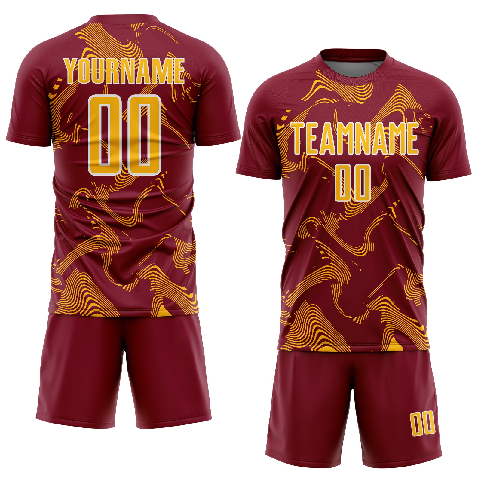 Custom Crimson Gold-White Curve Lines Sports Sublimation Soccer Uniform Jersey