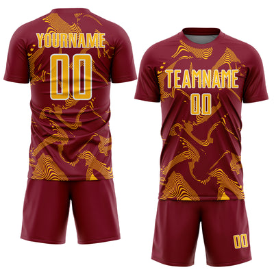 Custom Crimson Gold-White Curve Lines Sports Sublimation Soccer Uniform Jersey