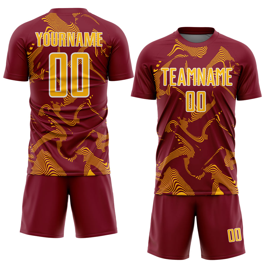 Custom Crimson Gold-White Curve Lines Sports Sublimation Soccer Uniform Jersey