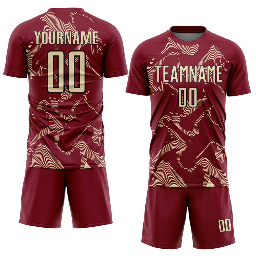 Custom Crimson Cream-Black Curve Lines Sports Sublimation Soccer Uniform Jersey