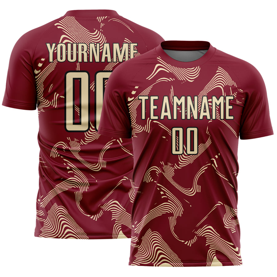 Custom Crimson Cream-Black Curve Lines Sports Sublimation Soccer Uniform Jersey