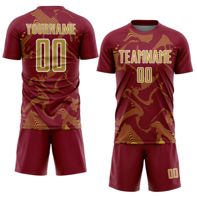 Custom Crimson Old Gold-White Curve Lines Sports Sublimation Soccer Uniform Jersey