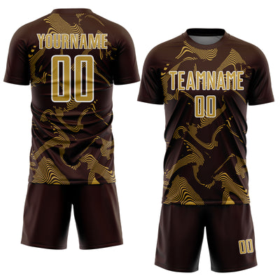 Custom Brown Old Gold-White Curve Lines Sports Sublimation Soccer Uniform Jersey