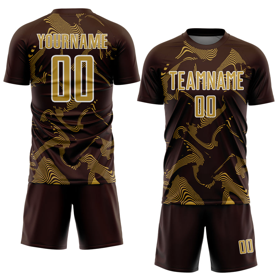 Custom Brown Old Gold-White Curve Lines Sports Sublimation Soccer Uniform Jersey