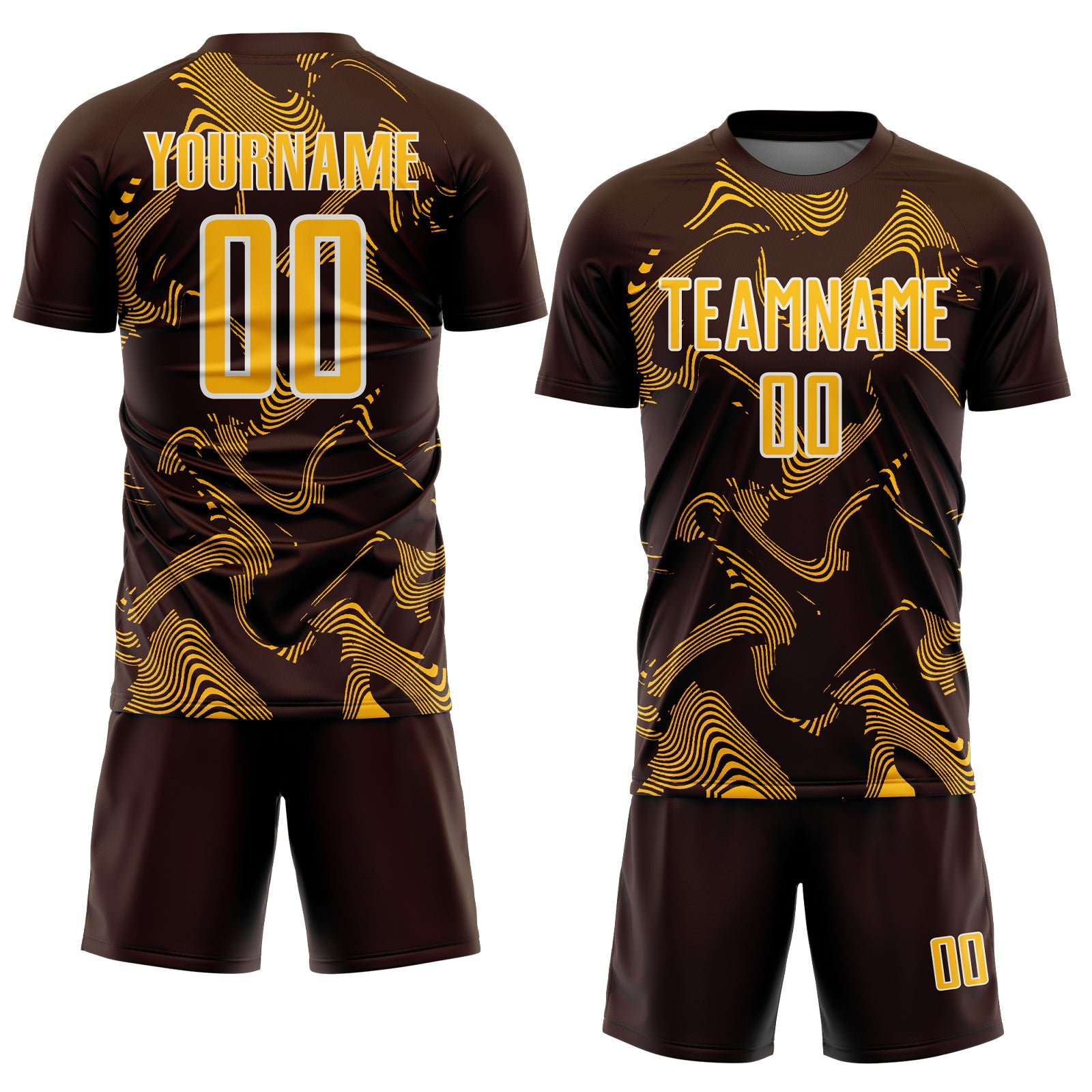 Custom Brown Gold-White Curve Lines Sports Sublimation Soccer Uniform Jersey