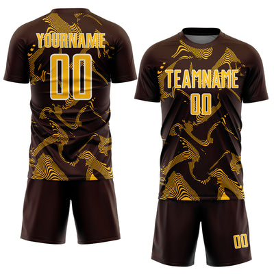 Custom Brown Gold-White Curve Lines Sports Sublimation Soccer Uniform Jersey