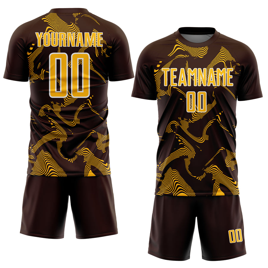 Custom Brown Gold-White Curve Lines Sports Sublimation Soccer Uniform Jersey
