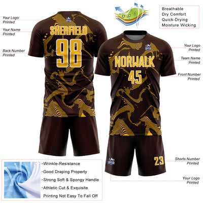 Custom Brown Gold-White Curve Lines Sports Sublimation Soccer Uniform Jersey