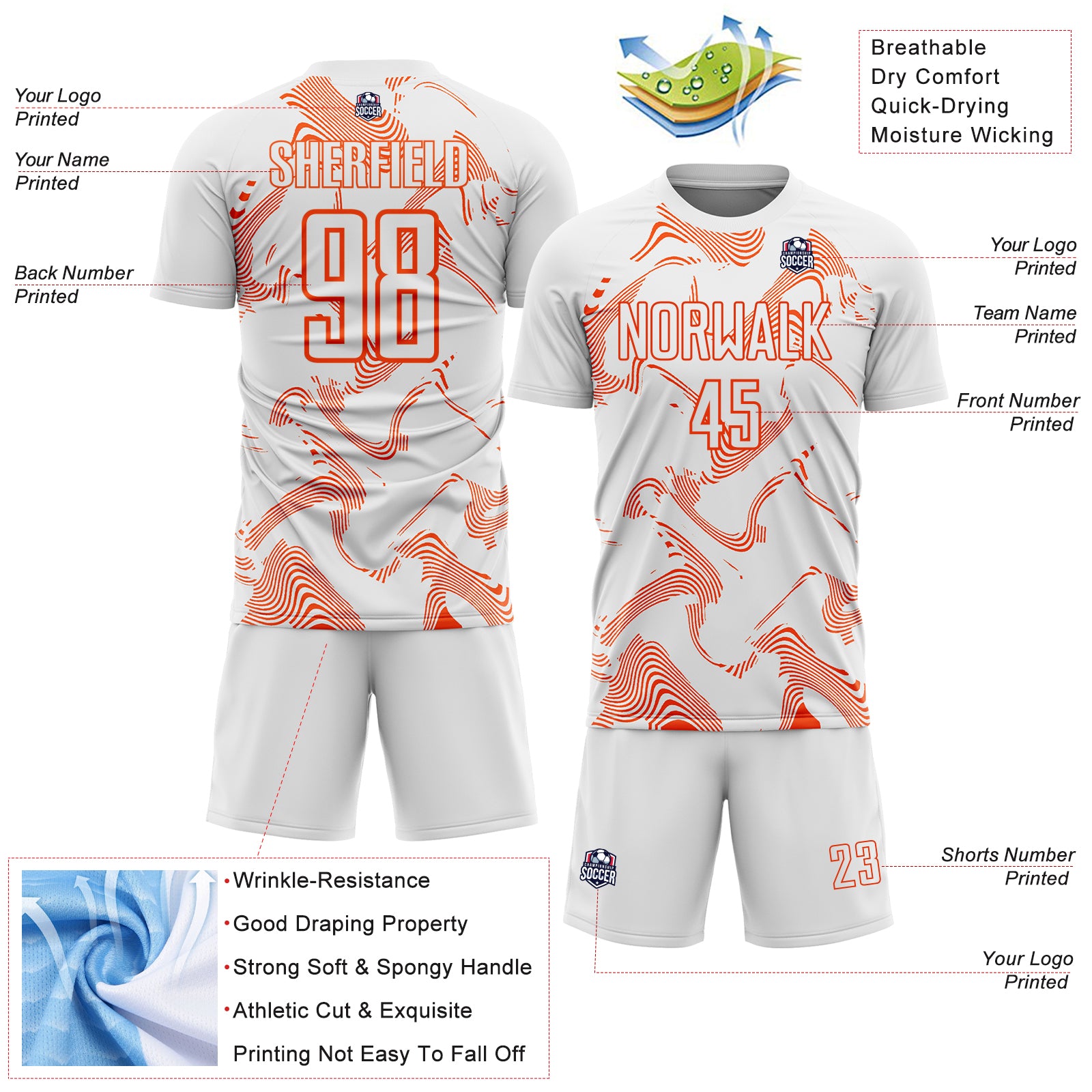 Custom White Orange Curve Lines Sports Sublimation Soccer Uniform Jersey
