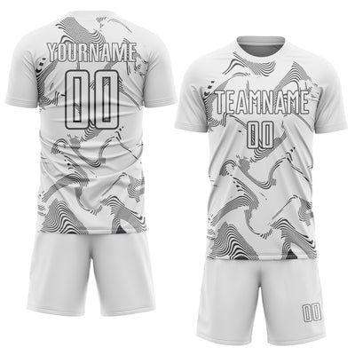 Custom White Steel Gray Curve Lines Sports Sublimation Soccer Uniform Jersey