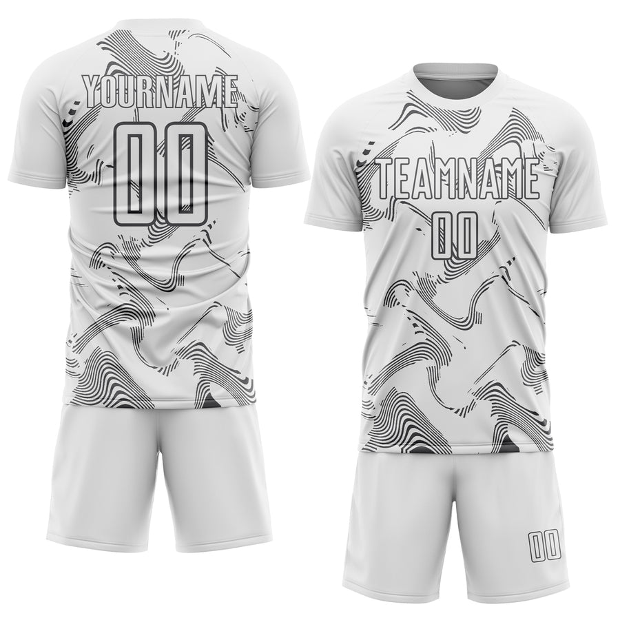 Custom White Steel Gray Curve Lines Sports Sublimation Soccer Uniform Jersey