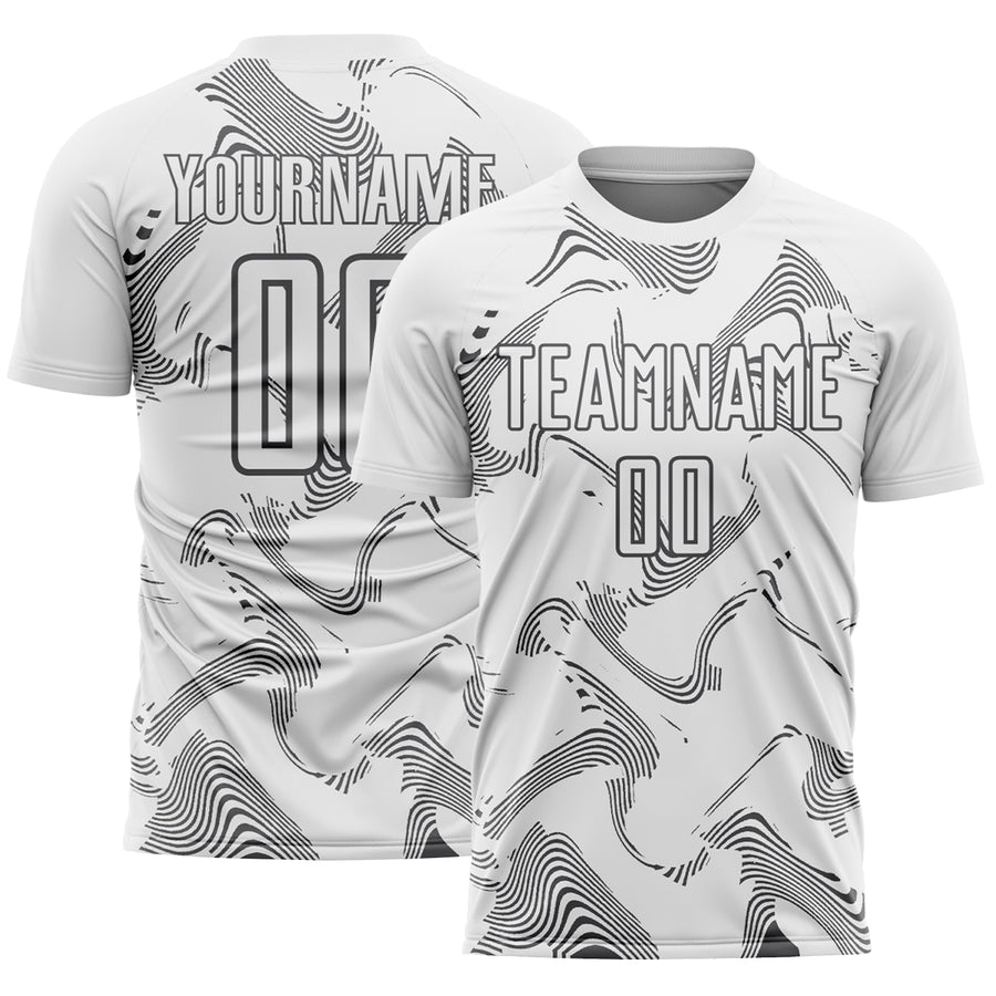Custom White Steel Gray Curve Lines Sports Sublimation Soccer Uniform Jersey