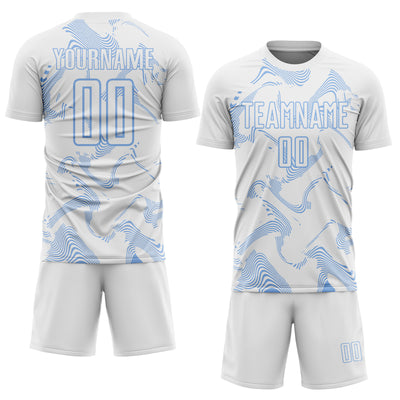 Custom White Light Blue Curve Lines Sports Sublimation Soccer Uniform Jersey