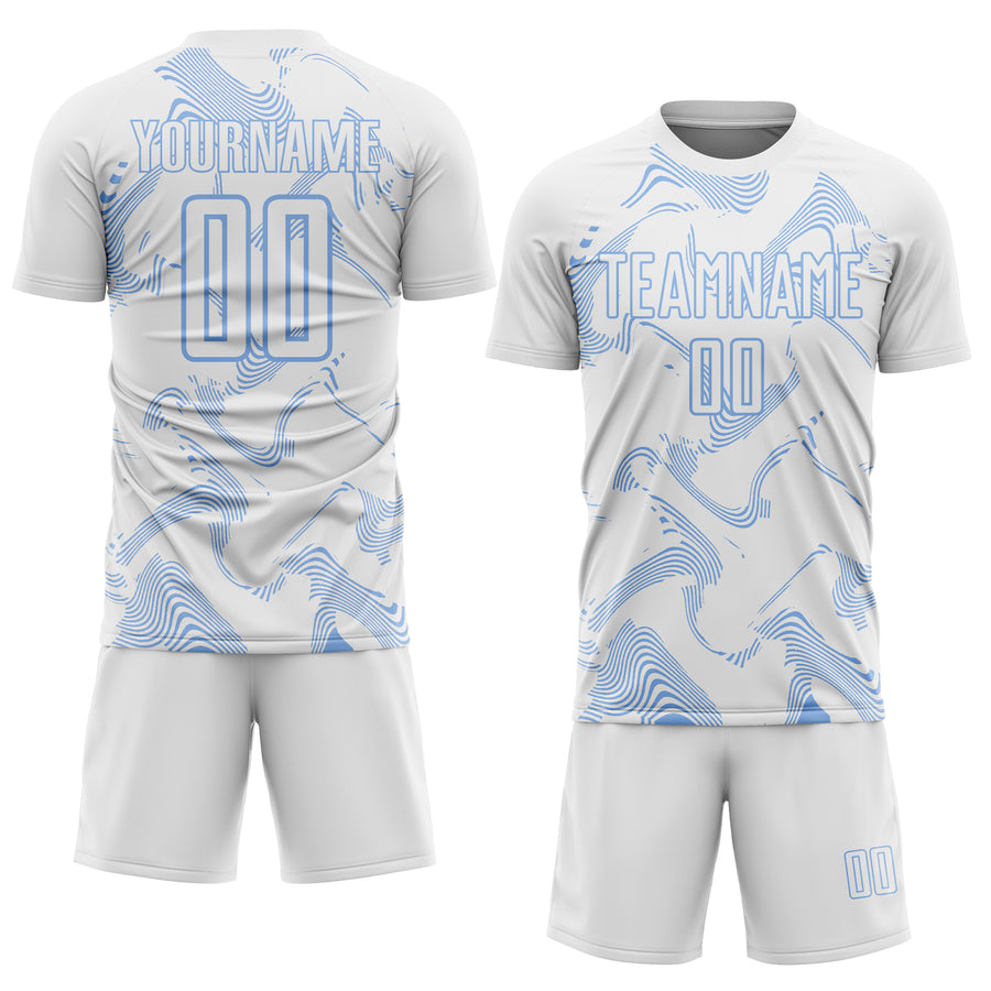 Custom White Light Blue Curve Lines Sports Sublimation Soccer Uniform Jersey