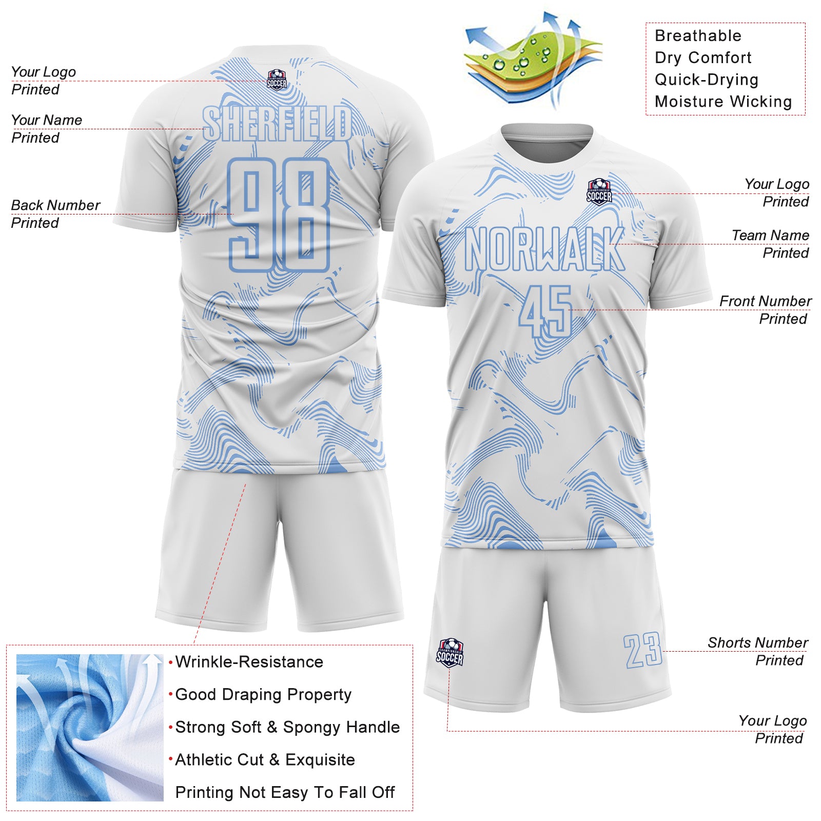 Custom White Light Blue Curve Lines Sports Sublimation Soccer Uniform Jersey