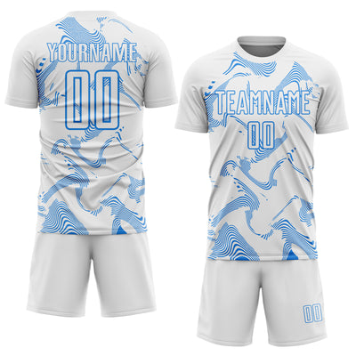 Custom White Powder Blue Curve Lines Sports Sublimation Soccer Uniform Jersey