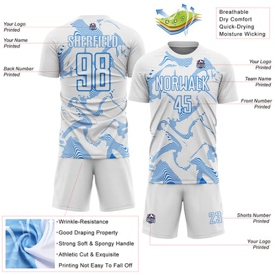 Custom White Powder Blue Curve Lines Sports Sublimation Soccer Uniform Jersey