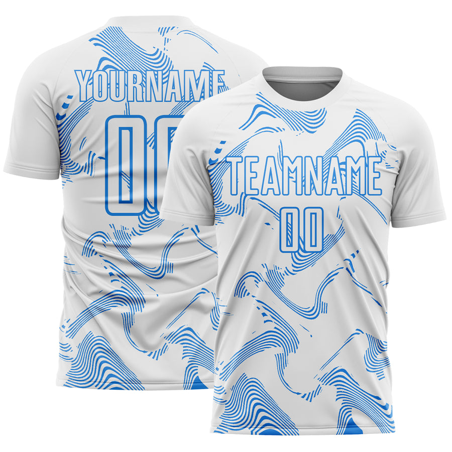 Custom White Powder Blue Curve Lines Sports Sublimation Soccer Uniform Jersey