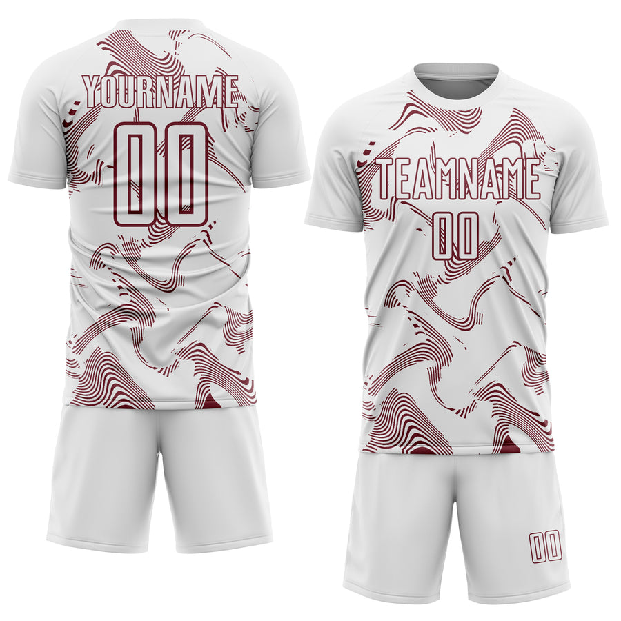 Custom White Burgundy Curve Lines Sports Sublimation Soccer Uniform Jersey