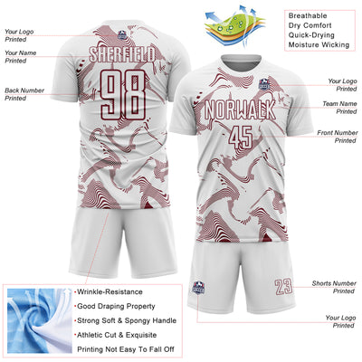 Custom White Burgundy Curve Lines Sports Sublimation Soccer Uniform Jersey