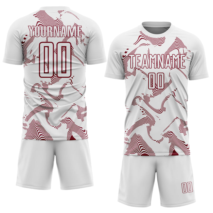 Custom White Crimson Curve Lines Sports Sublimation Soccer Uniform Jersey