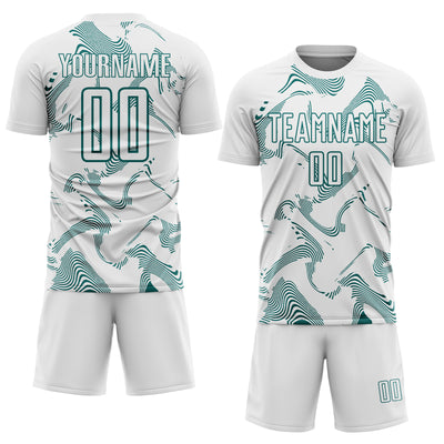 Custom White Teal Curve Lines Sports Sublimation Soccer Uniform Jersey
