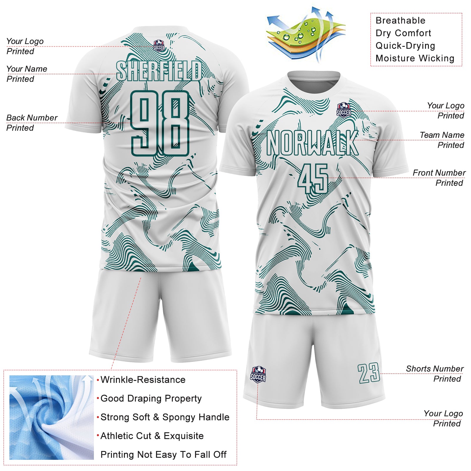Custom White Teal Curve Lines Sports Sublimation Soccer Uniform Jersey